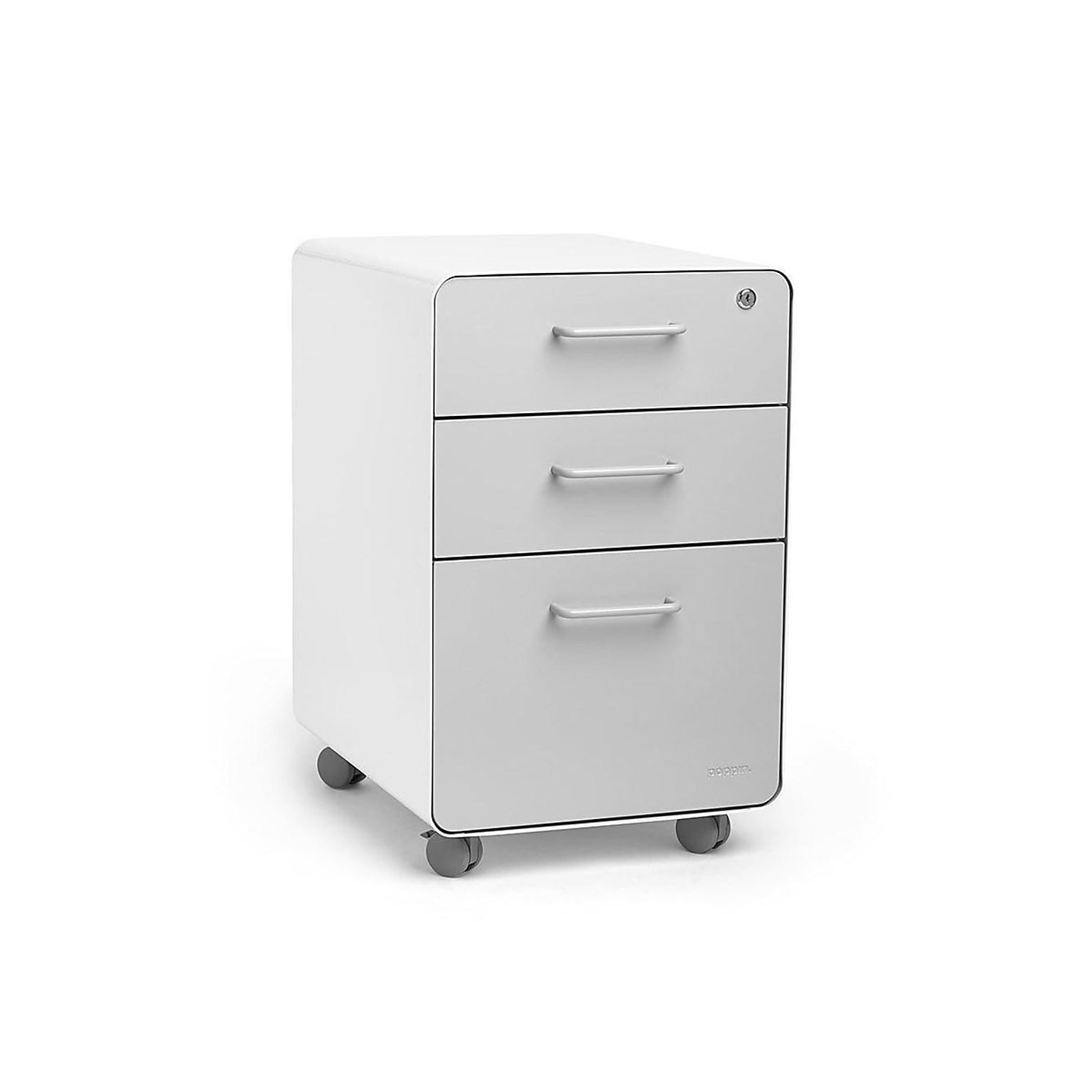 Poppin Stow 3-Drawer Mobile Vertical File Cabinet, Letter/Legal Size, Lockable, 24H x 15.75W x 20D, White/Light Gray (101251)