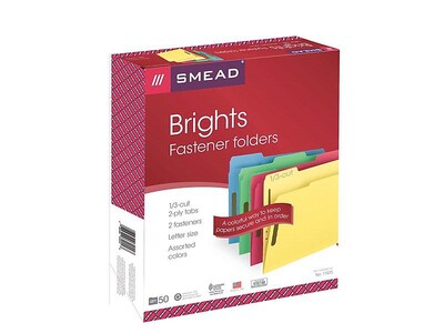 Smead Fastener File Folders, 2 Fasteners, Reinforced 1/3-Cut Tab, Letter Size, Assorted Colors, 50/Box (11975)