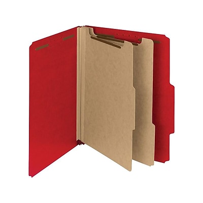 Smead 100% Recycled Pressboard Classification Folders, 2/5-Cut Tab, Letter Size, 2 Dividers, Bright Red, 10/Box (14061)