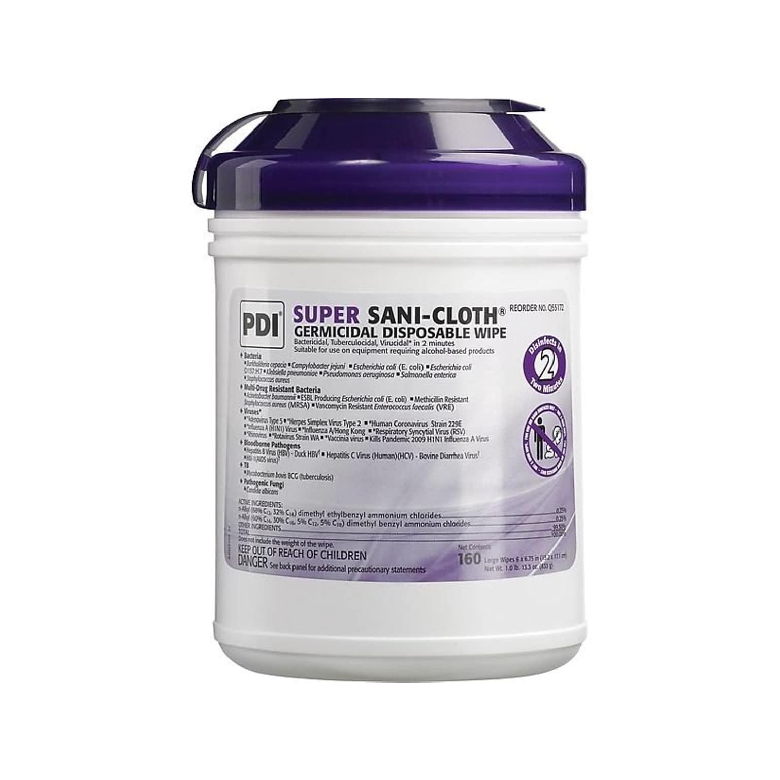 Sani PDI Super Sani-Cloth Disinfecting Wipers, White, 160 Wipers/Canister, 12 Canisters/Carton (Q55172)