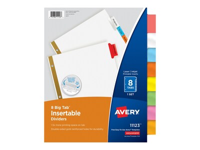 Avery Worksaver Big Tab Insertable Dividers, 8-Tab, White, 12 Sets/Carton (11123)