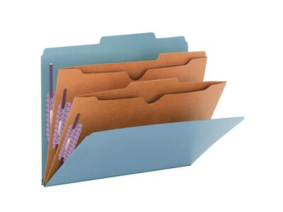 Smead Pressboard Classification Folders with SafeSHIELD Fasteners, 2" Expansion, Letter Size, 2 Dividers, Blue, 10/Box (14081)