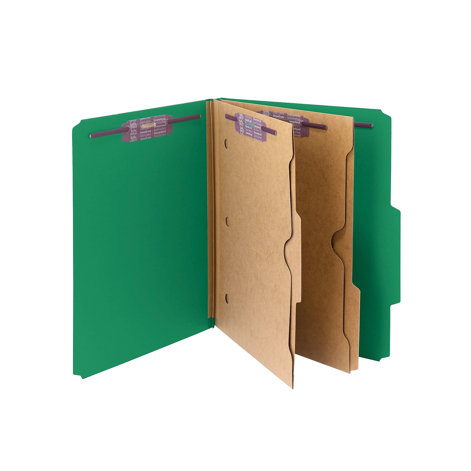 Smead Pressboard Classification Folders with SafeSHIELD Fasteners, 2 Expansion, Letter Size, 2 Dividers, Green, 10/Box (14083)