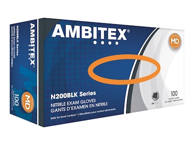 Ambitex N200BLK Series Powder Free Black Nitrile Gloves, Medium, 100/Box (NMD200BLK)