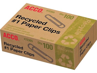 ACCO Recycled Paper Clips, #1, Silver, 100/Box, 10 Boxes/Pack (A7072365A)