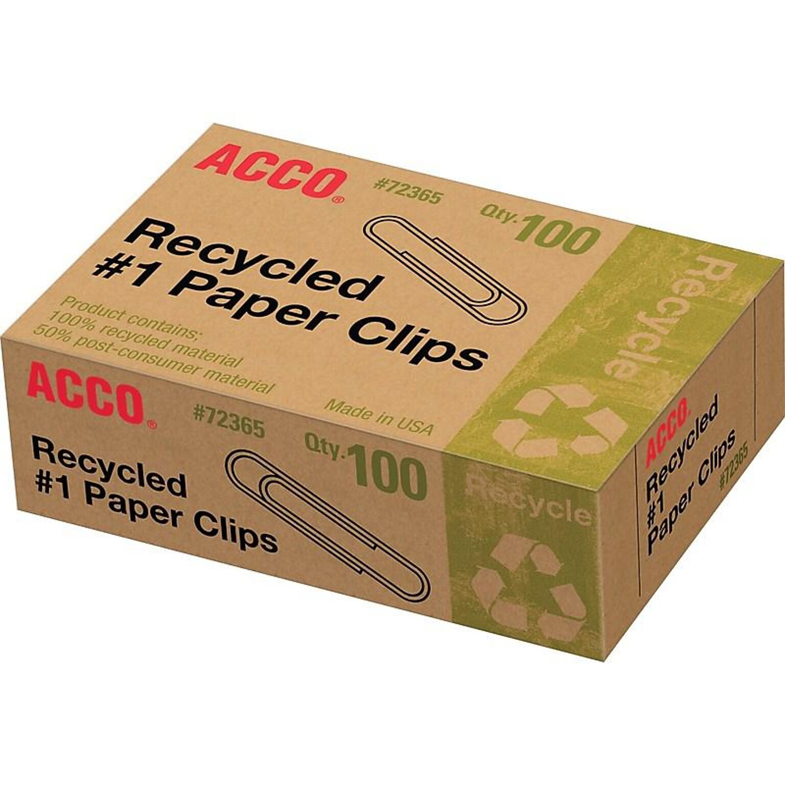 ACCO Recycled Paper Clips, #1, Silver, 100/Box, 10 Boxes/Pack (A7072365A)