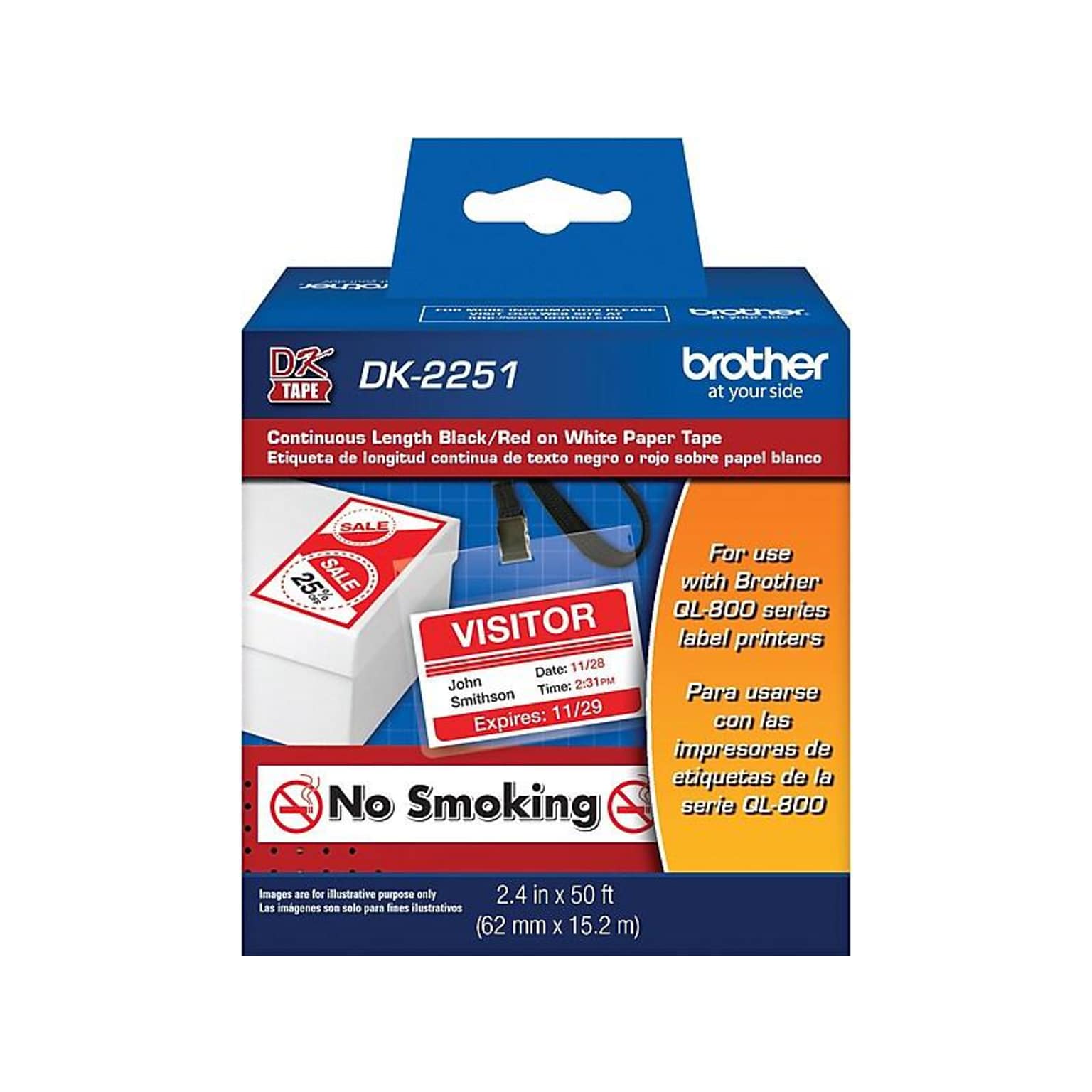 Brother DK-2251 Standard Width Continuous Paper Labels, 2-4/10 x 50, Black/Red on White (DK-2251)