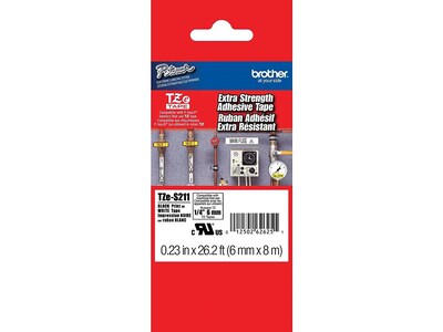 Brother P-touch TZe-S211 Laminated Extra Strength Label Maker Tape, 1/4 x 26-2/10, Black on White