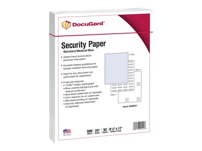 Paris DocuGard Standard 8.5" x 11" Medical Security Paper, 24 lbs., Blue, 500 Sheets/Ream (PRB04541)