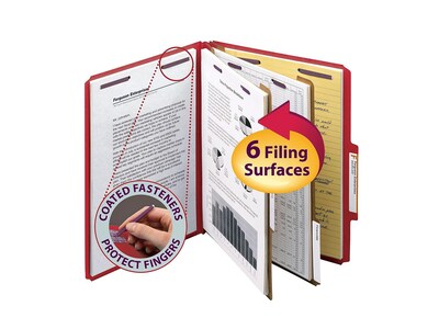 Smead Classification Folders with SafeSHIELD Fasteners, 2" Expansion, Letter Size, 2 Dividers, Bright Red, 10/Box (14031)