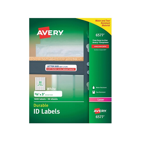 Avery Durable Laser Identification Labels, 5/8 x 3, White, 32/Sheet, 50 Sheets/Pack (6577)