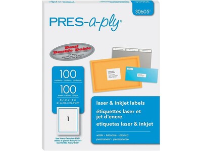 PRES-a-ply Laser/Inkjet Shipping Labels, 8-1/2 x 11, White, 1 Label/Sheet, 100 Sheets/Box (30605)