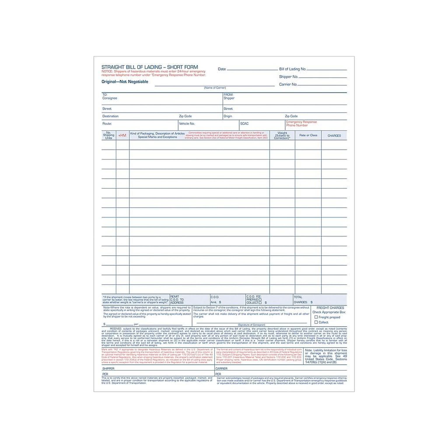 TOPS 3-Part Carbonless Bill of Lading, 11.44L x 8.5W, 50 Sets/Book (3846)