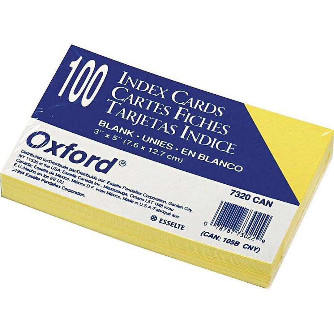 Oxford 3" x 5" Index Cards, Blank, Canary, 100/Pack (OXF7320CAN) | Quill.com