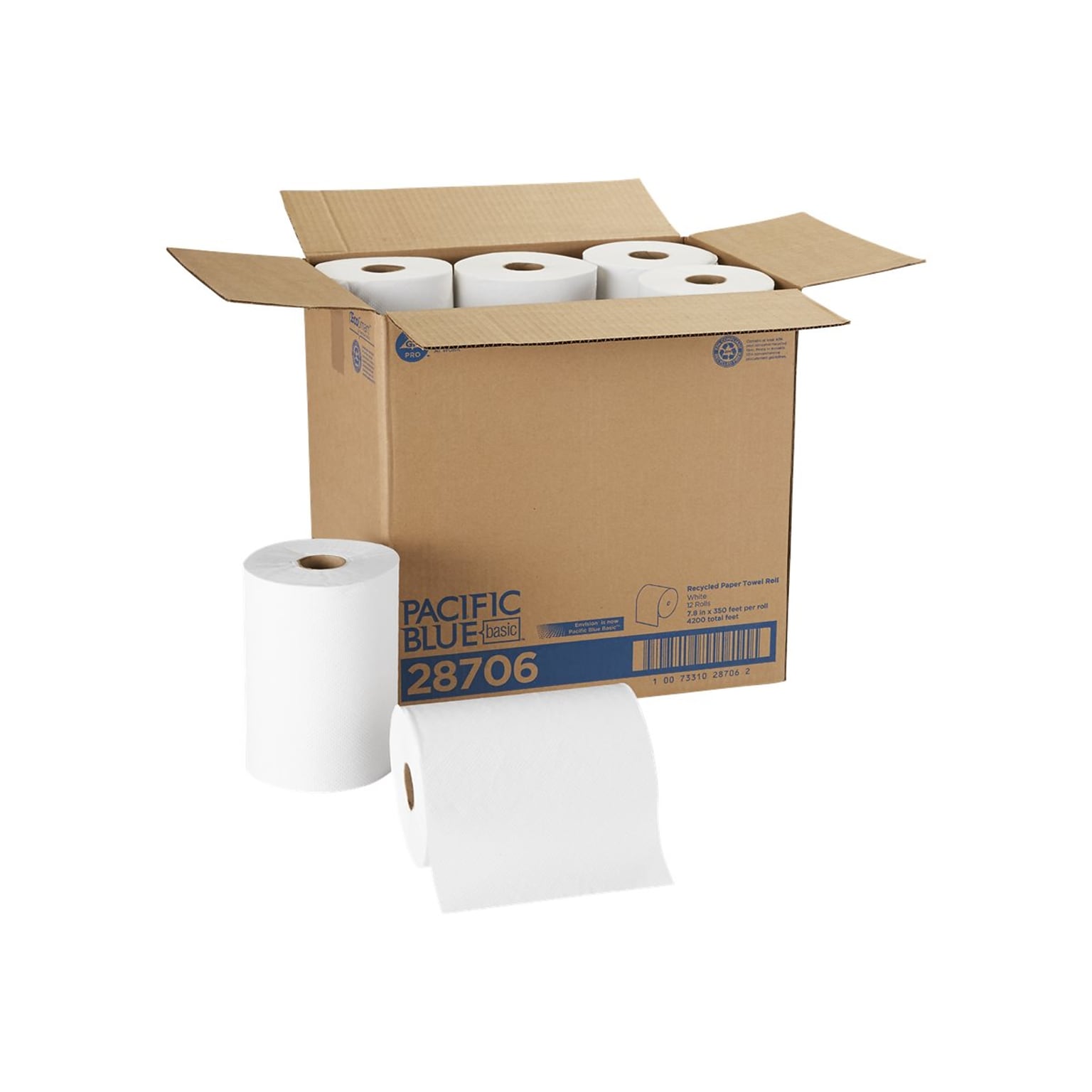 Pacific Blue Basic Recycled Hardwound Paper Towels, 1-ply, 350 ft./Roll, 12 Rolls/Carton (28706)