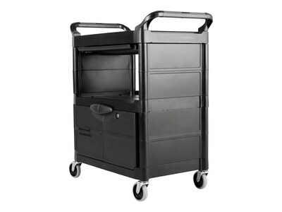 Rubbermaid FG9T6800BLA Black Executive Three Shelf Bussing Cart