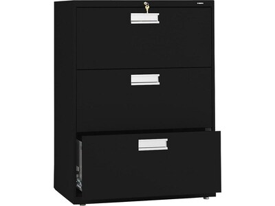 HON Brigade 600 Series 3-Drawer Lateral File Cabinet, Locking, Letter/Legal, Black, 30"W (H673.L.P)