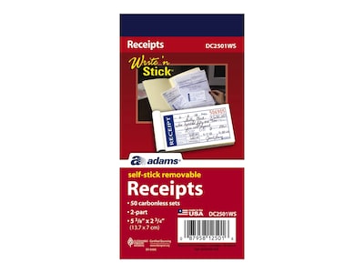 Adams Write N Stick Receipt Book, 2.75 x 5.38, White, 50/Pack (ABF DC2501WS)