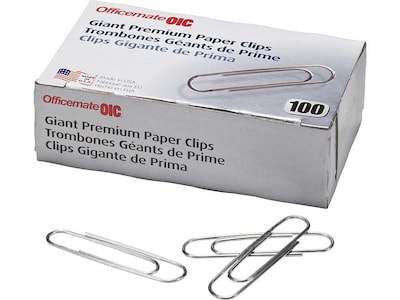 Officemate Premium Paper Clips, Giant, Silver, 100/Box, 10 Boxes/Pack (99918)