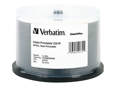 Verbatim DataLifePlus 94755 52x CD-R, White Inkjet Printable, Hub Printable, 50/Pack (VER94755)