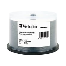 Verbatim DataLifePlus 94755 52x CD-R, White Inkjet Printable, Hub Printable, 50/Pack
