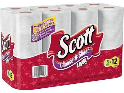 Scott Choose-A-Sheet Kitchen Roll Paper Towels, 1 Ply, 102 Sheets/Roll, 8 Mega Rolls/Pack (12219)