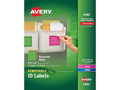 Avery Laser/Inkjet Identification Labels, 3 1/3 x 4, Assorted Neon Colors, 6/Sheet, 12 Sheets/Pack