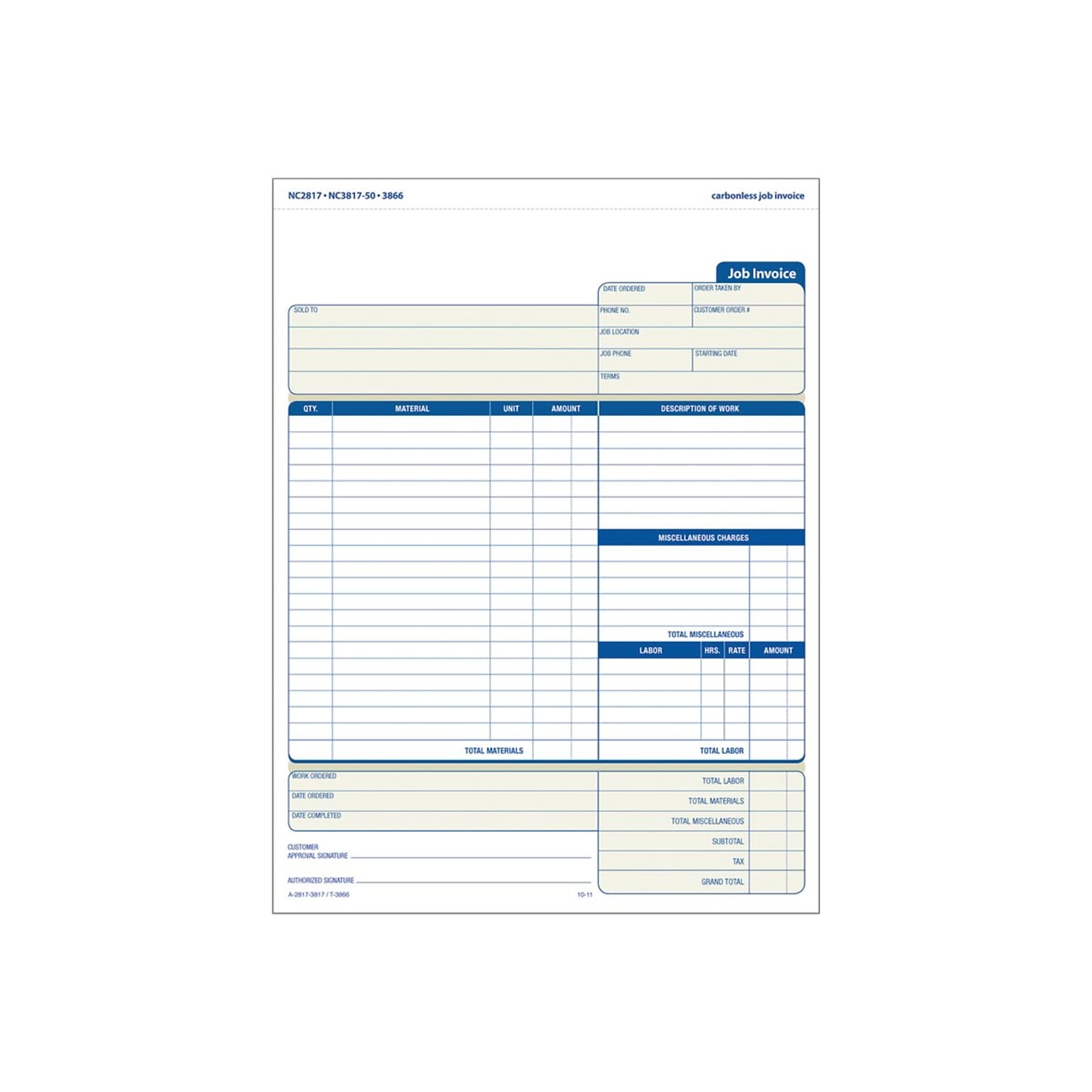 Adams Job Invoices, 11.44L x 8.5W, 50 Sets/Pack (NC3817-50)