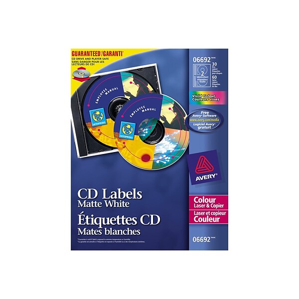 Avery Laser Media Labels, White Matte, 30 Disc and 60 Spine Labels/Pack (6692)