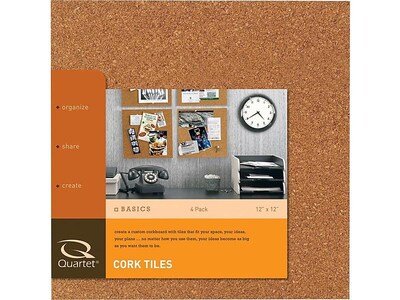 Quartet® Natural Cork Tiles, 12" x 12", Frameless, Modular, 4 Pack