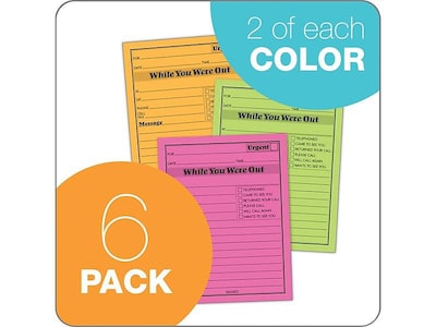 Adams While You Were Out Memo Pads, 4.25" x 5.5", Assorted Colors, 50 Sheets/Pad, 6 Pads/Pack (9711NEON)