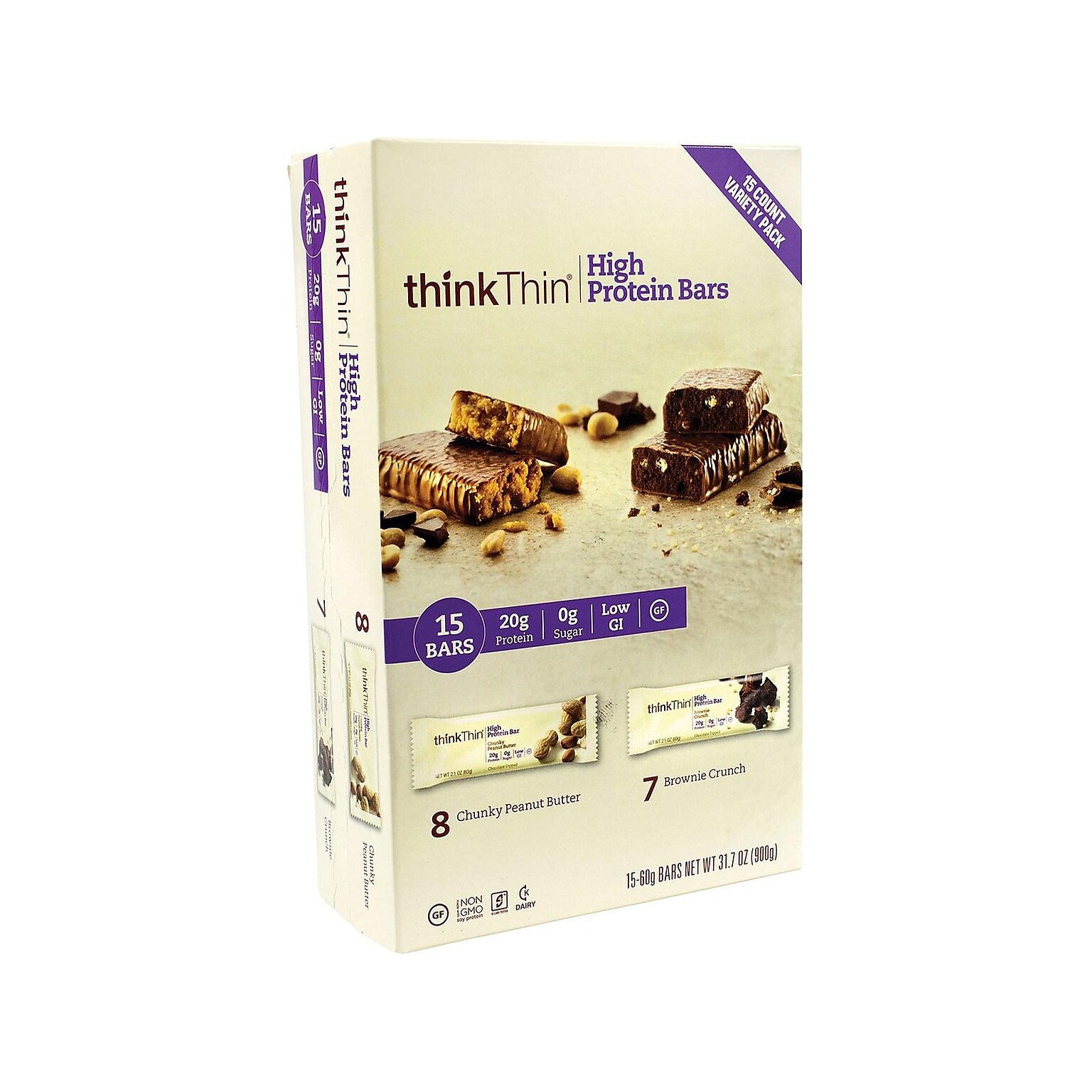 thinkThin Gluten Free Protein Bar Variety Pack, 2.1 oz., 15 Bars/Box (220-00555)