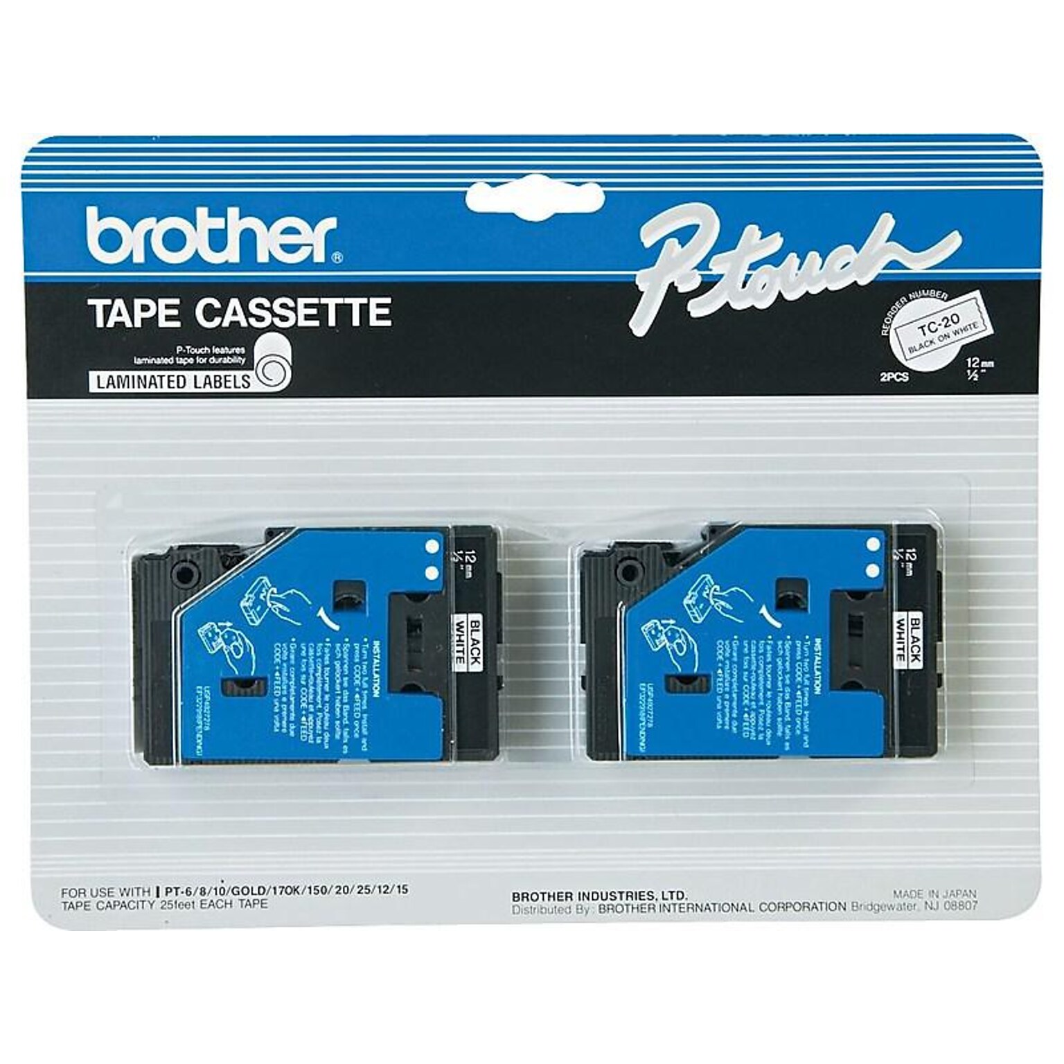 Brother P-touch TC-20Z1 Laminated Label Maker Tape, 3/8 x 25-2/10, Black on White (TC-20Z1)