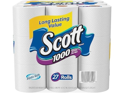 Scott 1-Ply Standard Toilet Paper, White, 1000 Sheets/Roll, 27 Rolls/Carton (13342)