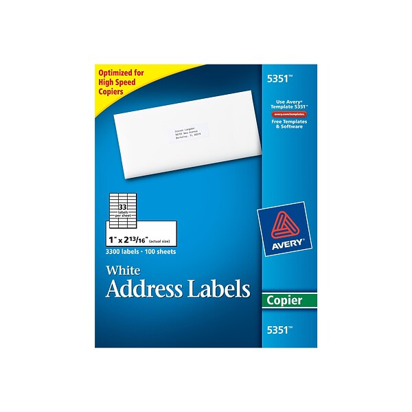Avery Address Labels for Copiers, 1" x 213/16", White, 33 Labels/Sheet