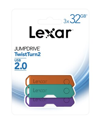 Lexar Twist Turn2 32GB USB 2.0 Type-A Flash Drive, Teal/Purple/Orange, 3/Pack (LJDTT2-32GABNA3)