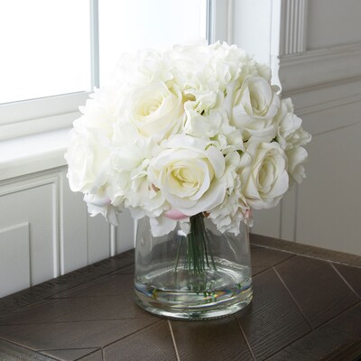 Pure Garden Hydrangea and Rose Floral Arrangement with Vase - Cream