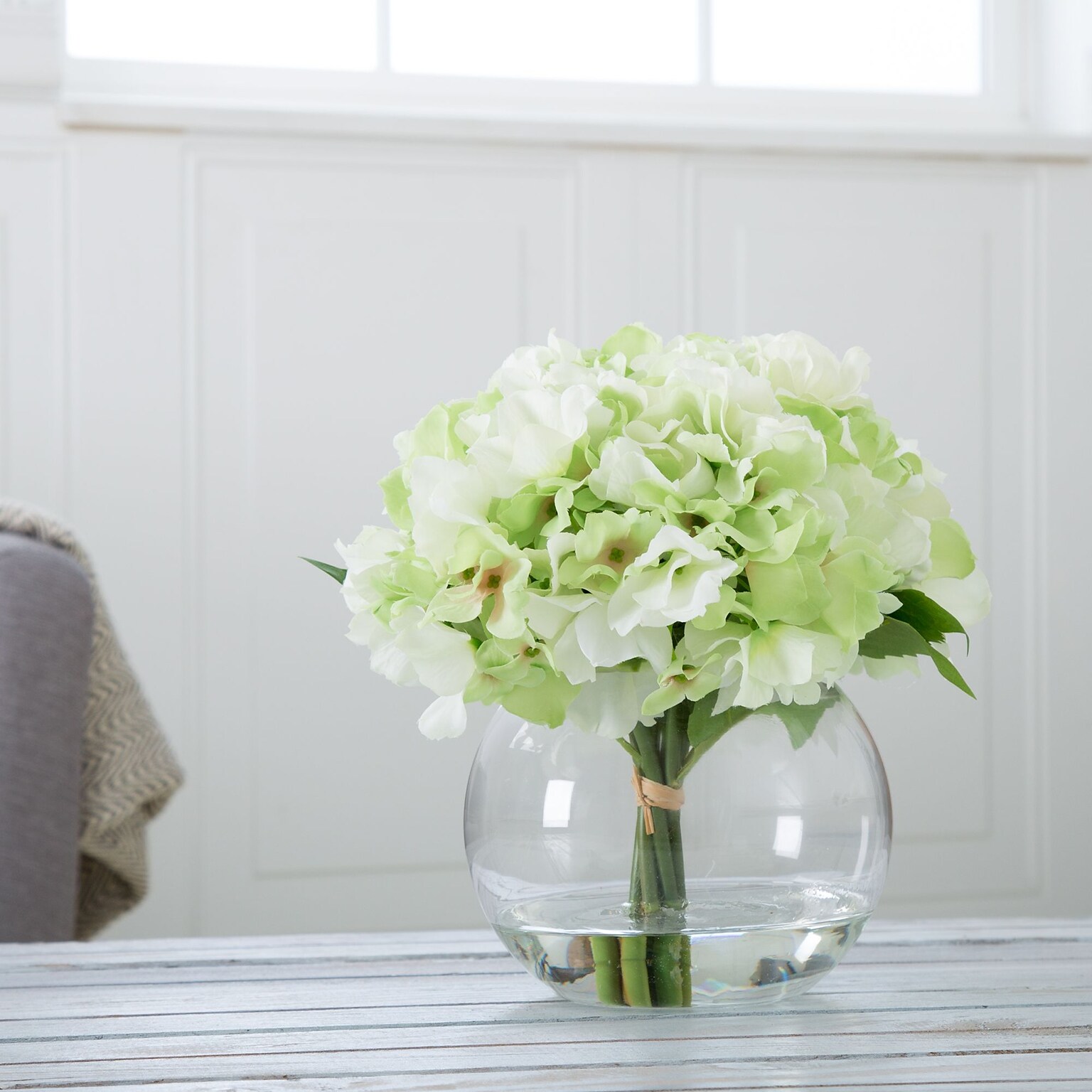 Pure Garden Hydrangea Floral Arrangement with Glass Vase - Green