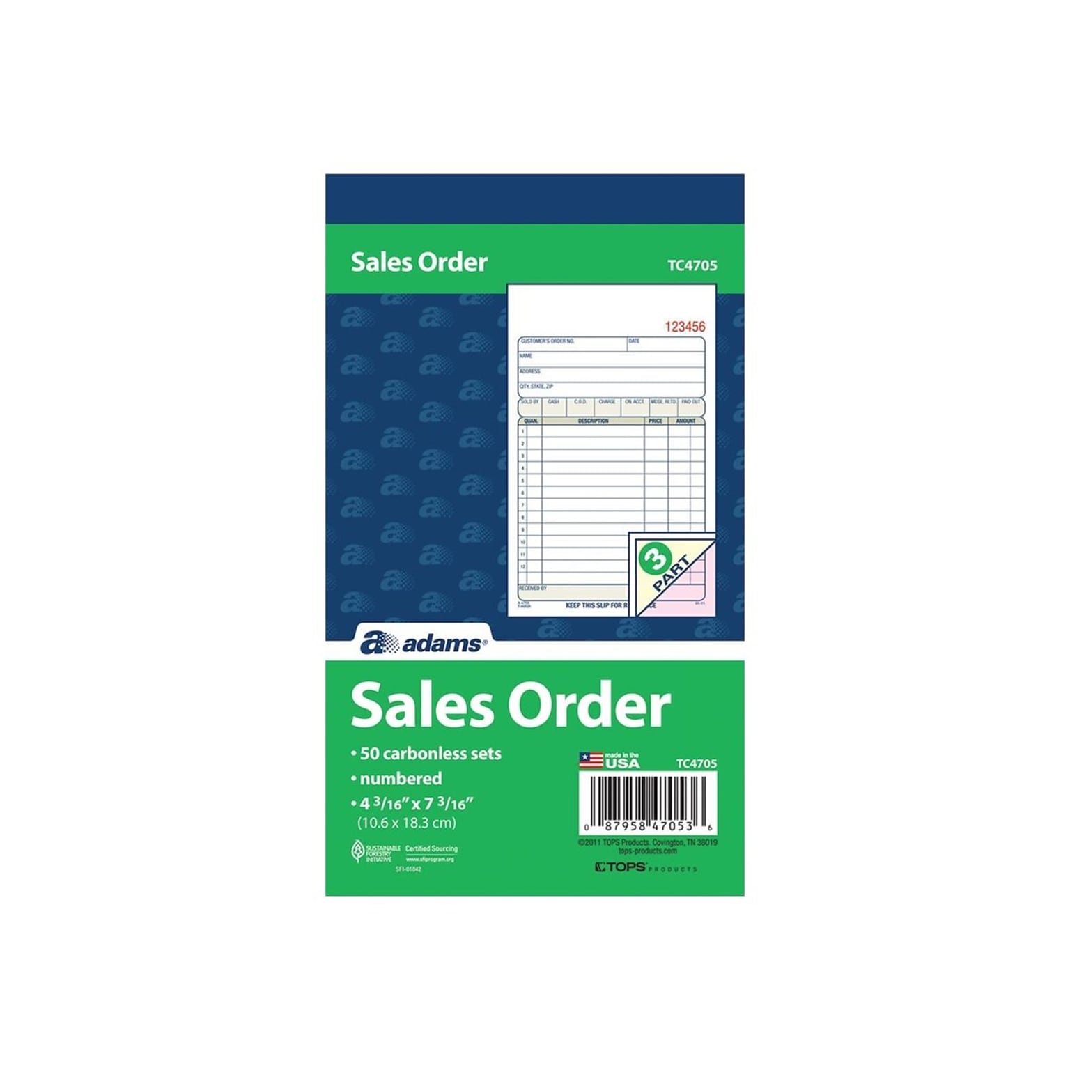 Adams 3-Part Carbonless Sales Orders, 7.19L x 4.19W, 50 Sets/Book (TC4705)