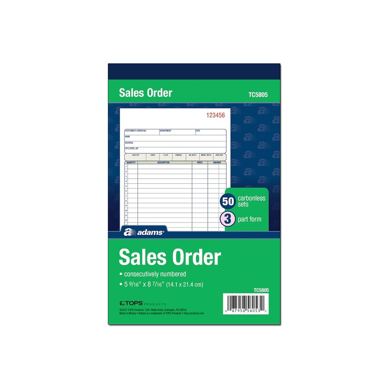 Adams 3-Part Carbonless Sales Orders, 8.44L x 5.56W, 50 Sets/Book (TC5805)