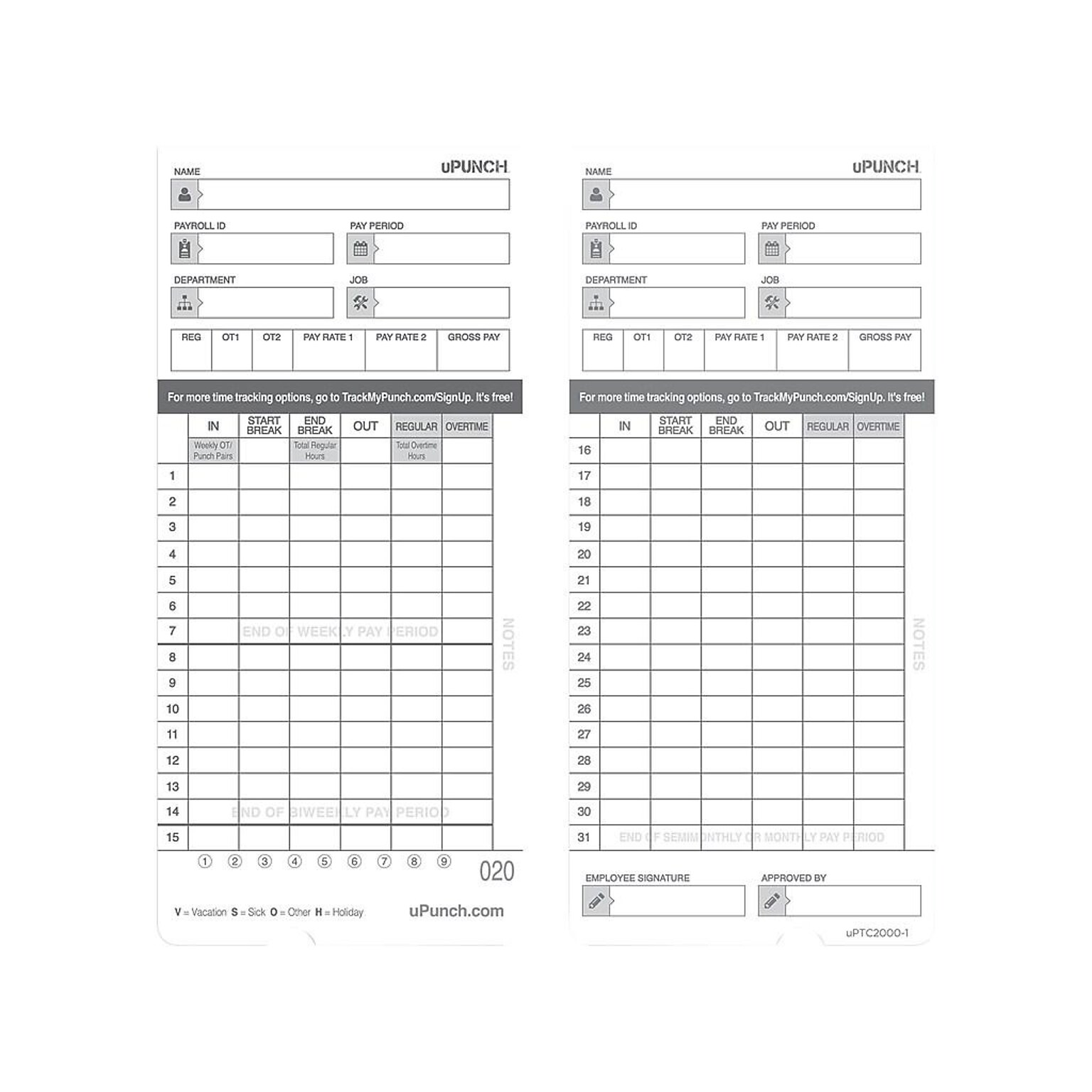 uPunch Time Card for HN4000 Time Clock, 100/Pack (HNTCL2100)