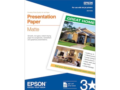 Epson Matte Presentation Paper, 8.5 x 11, 100 Sheets/Pack (S041062)