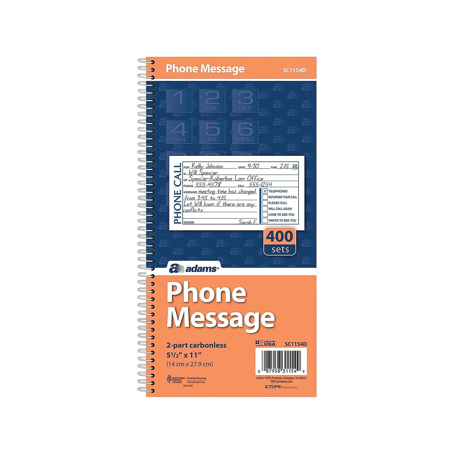 Adams Phone Message Pad, 5.5 x 11, Ruled, White/Canary, 100 Sheets/Pad, 400 Forms/Book (SC1154D)