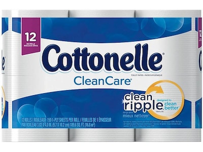 Cottonelle CleanCare 1-Ply Standard Toilet Paper, White, 150 Sheets/Roll, 12 Rolls/Pack (12456)