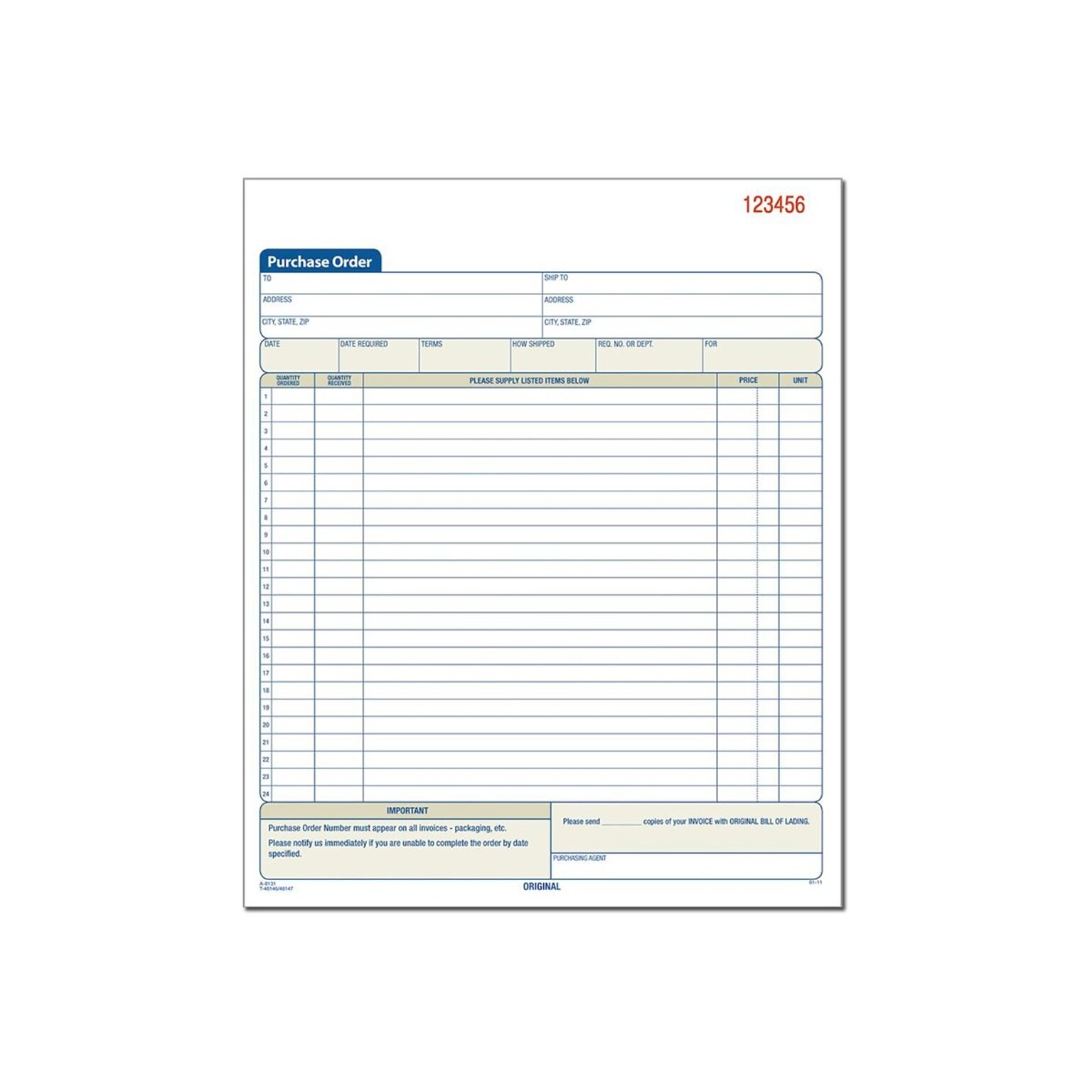 Adams 3-Part Carbonless Purchase Order, 10.69L x 8.38W, 50 Sets/Book (TC8131)