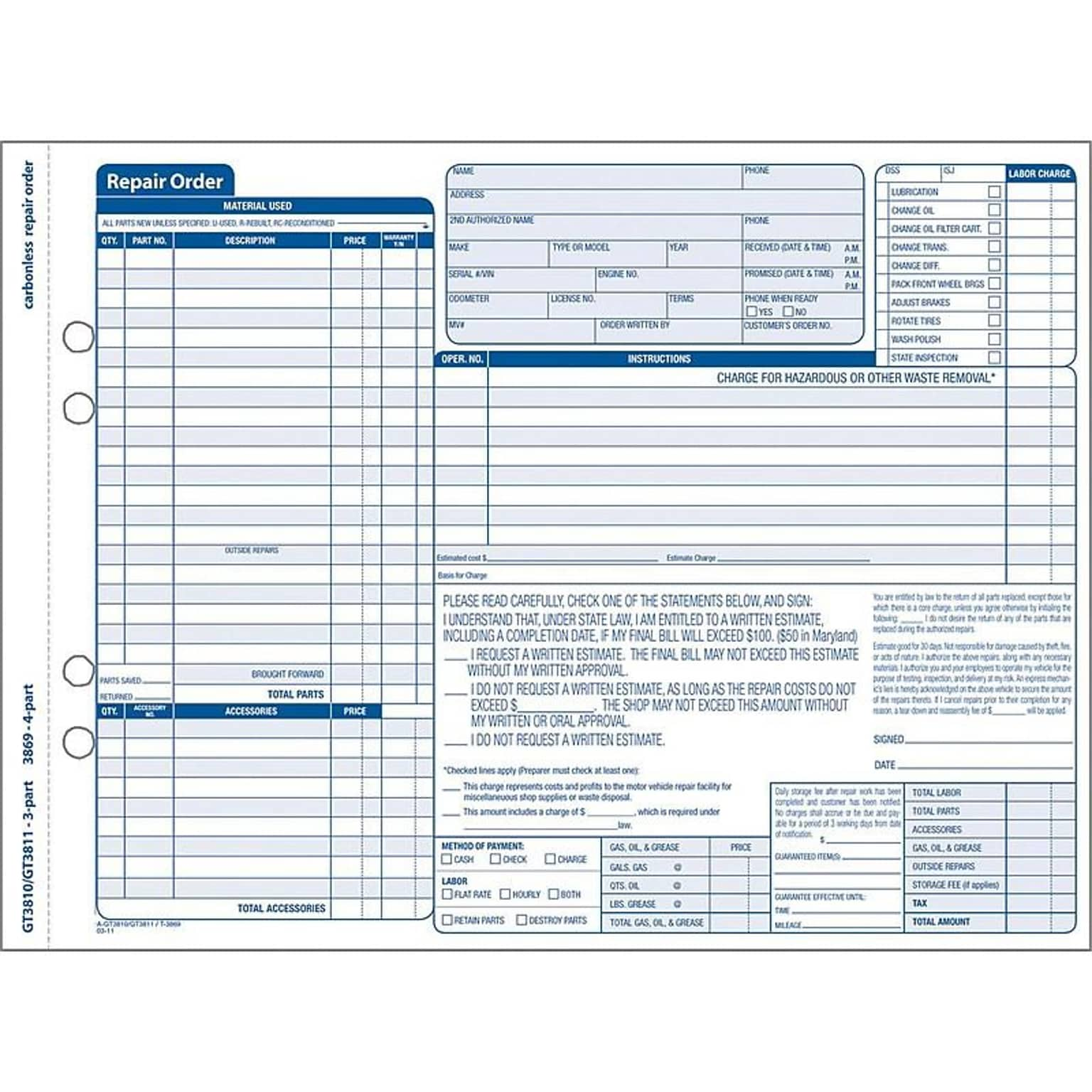 Adams 3-Part Carbonless Auto Repairs, 11.44L x 8.5W, 50 Sets/Book (GT3810)