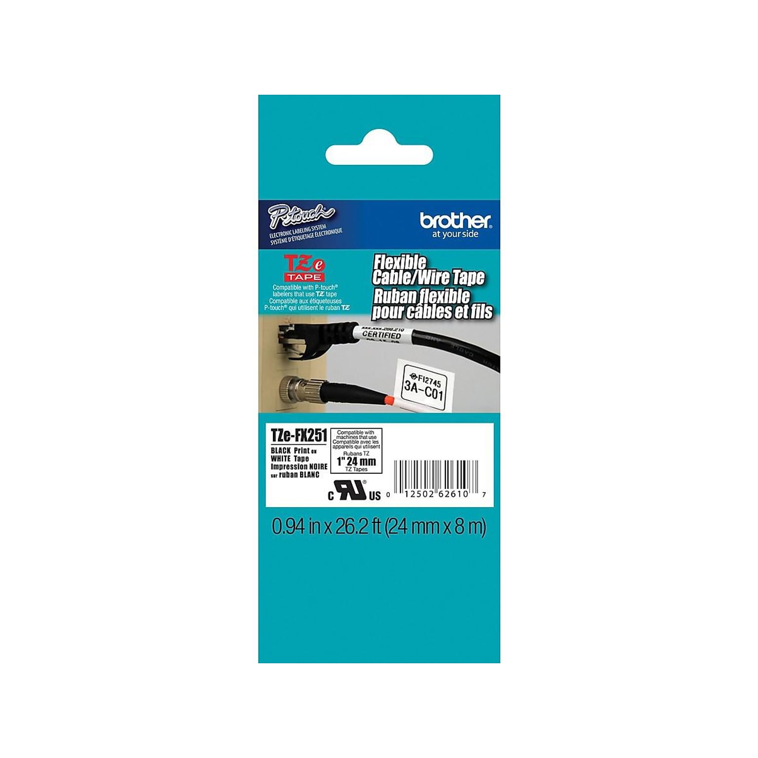 Brother P-touch TZe-FX251 Laminated Flexible ID Label Maker Tape, 1 x 26-2/10, Black on White (TZe-FX251)