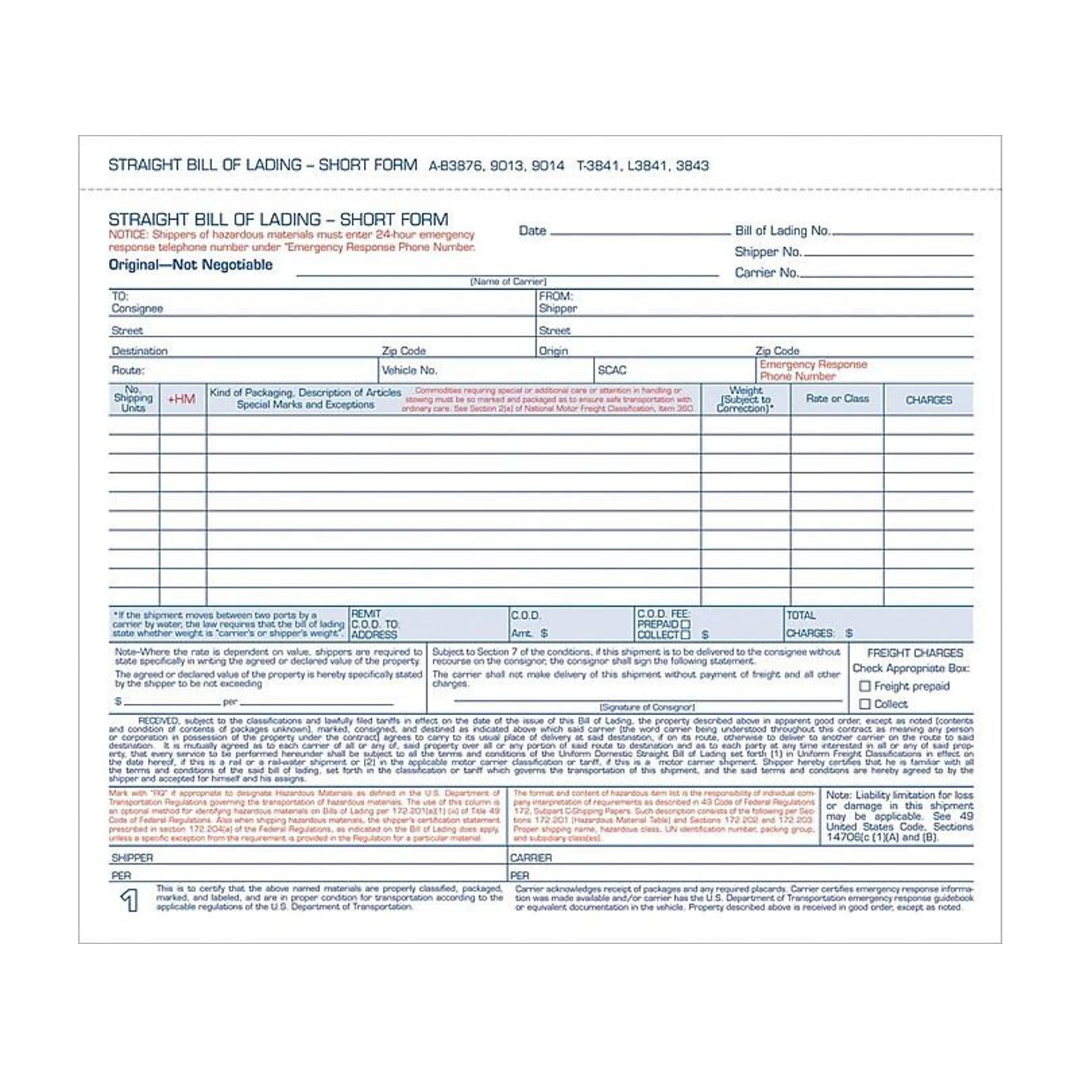 TOPS 3-Part Carbonless Bill of Lading, 8.5L x 7.44W, 250 Sets/Book, /Box (L3841)