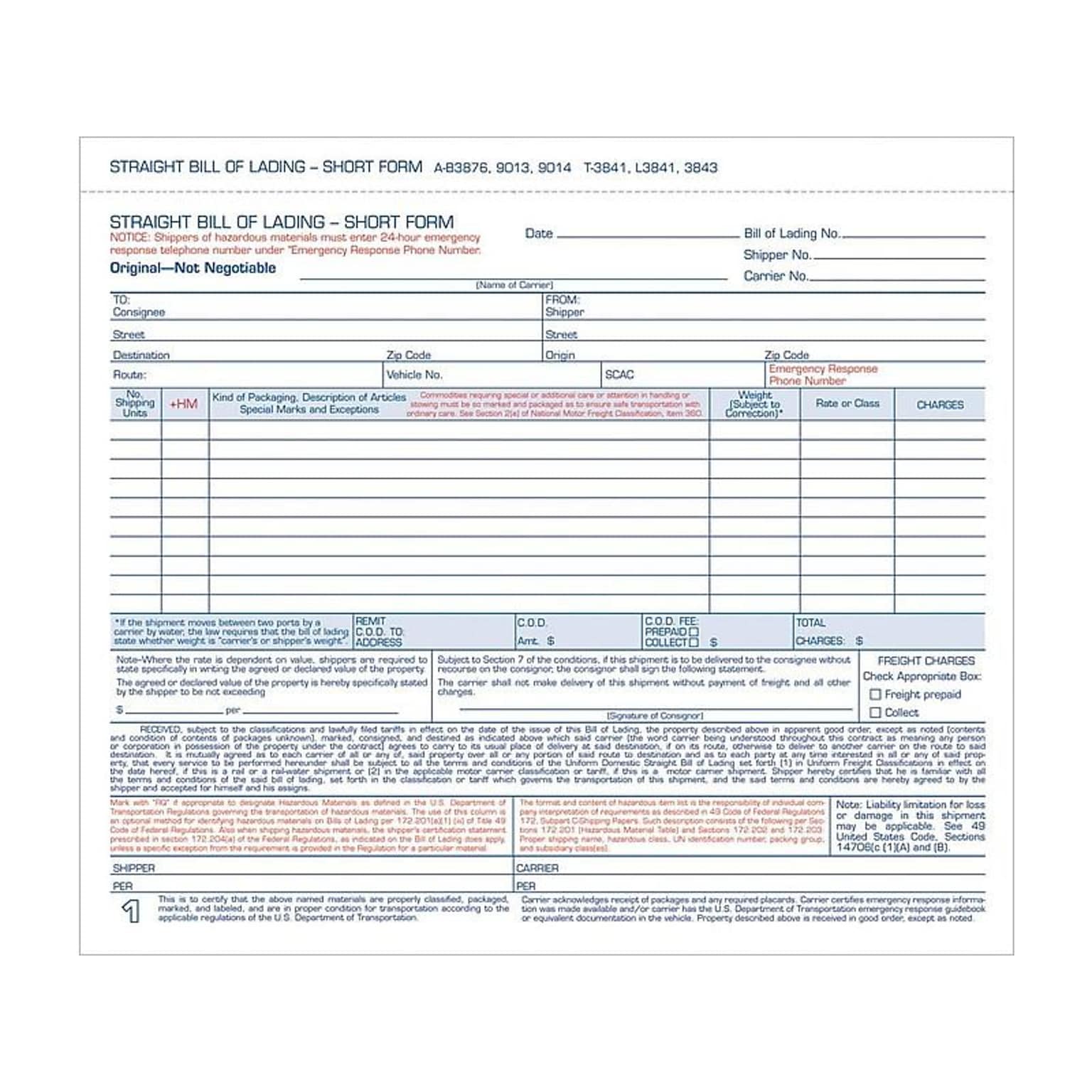 TOPS 3-Part Carbonless Bill of Lading, 8.5L x 7.44W, 250 Sets/Book, /Box (L3841)