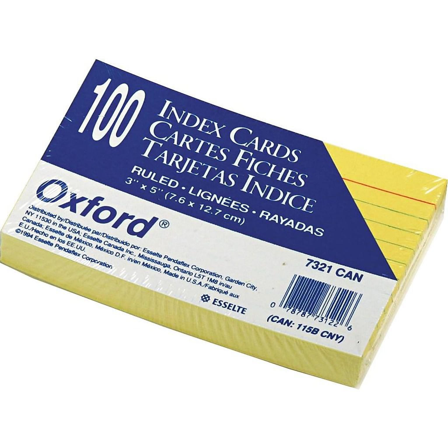 Oxford Ruled 3 x 5 Index Cards, Lined, Canary, 100/Pack (OXF 7321 CAN)